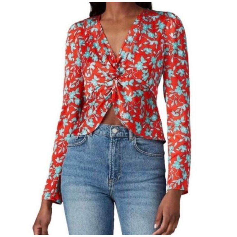 Love Whit red green floral twist front long sleeve top blouse womens S